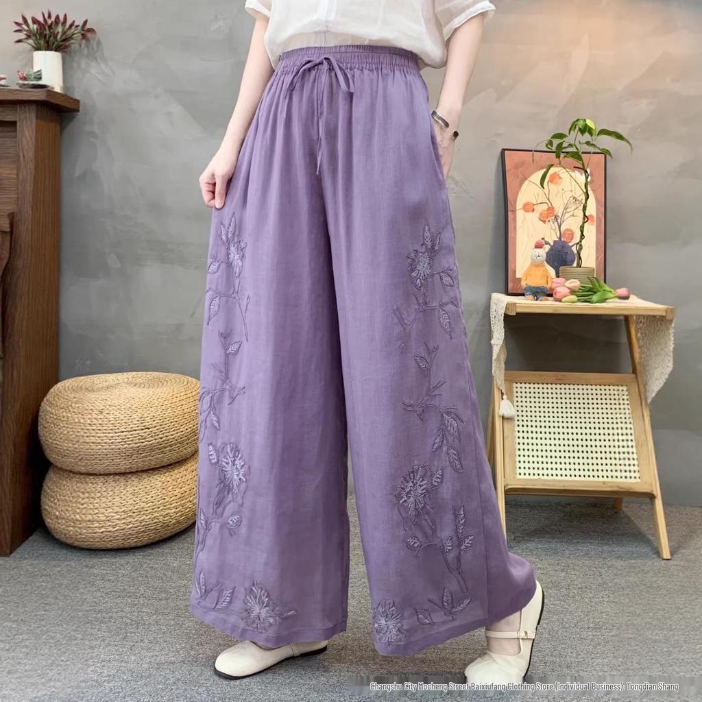 2026 Summer Linen Wide-Leg Pants with Artistic Embroidery and Elastic Waist for Women