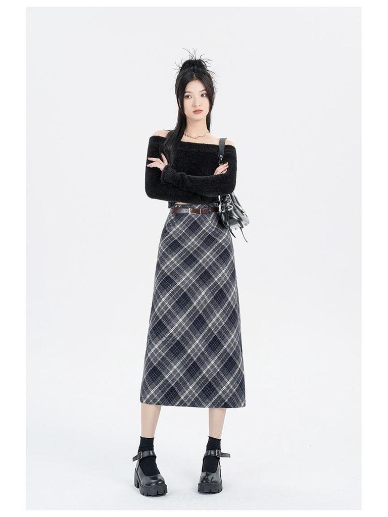2024 Women's High Waist Woolen Plaid Midi Skirt – Autumn/Winter Korean Style, A-Line with Hip-Wrapped Slit