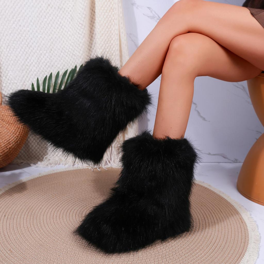 Fashion Women Faux Fur Ankle Boots Winter 2025 Fluffy Plush Snow Boots Warm Luxury Fashion Furry Boots Comfortable Outdoor Flat Shoes