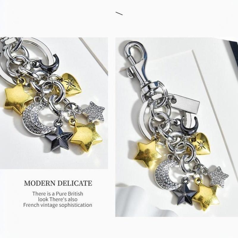 Celestial Mixed Metal Moon Star Keychain  Bag Charm Custom Engraved Aesthetic Purse Accessory Unique Gifts For Women