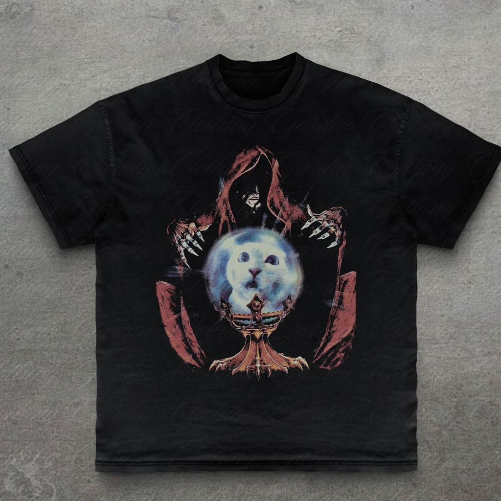 Retro Cat Graphic Tee, Gifts For Cat Lovers, Spooky Wizard Cat T-Shirt for Men Women, Cute Funny Meme Shirt, Gothic Halloween Cat Top