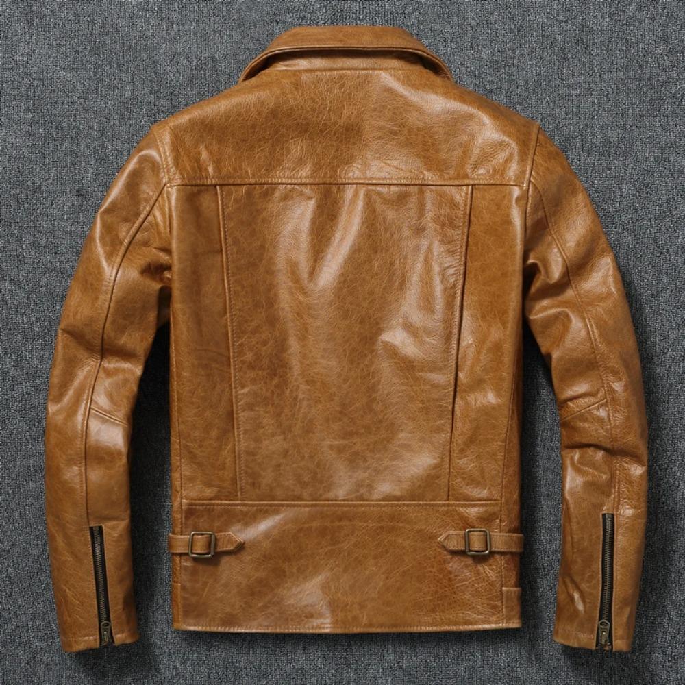 Chinese Size Men Leather Jackets Oil Waxed Yellow Brown Genuine Cow Leather Jacket for Men Cowhide Motorcycle Biker Jackets