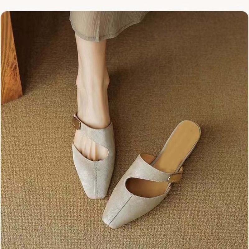 Modne Klapki Damskie 2025 Letnie Buty Pokrowce Szpilki Sukienka Metalowe Wsuwane Mokasyny Kwadratowy Nosek Gruba Obcas Wycinane Buty