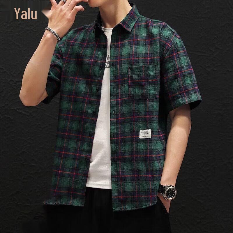 Yalu Men's Loose Fit Plaid Short-Sleeve Shirt