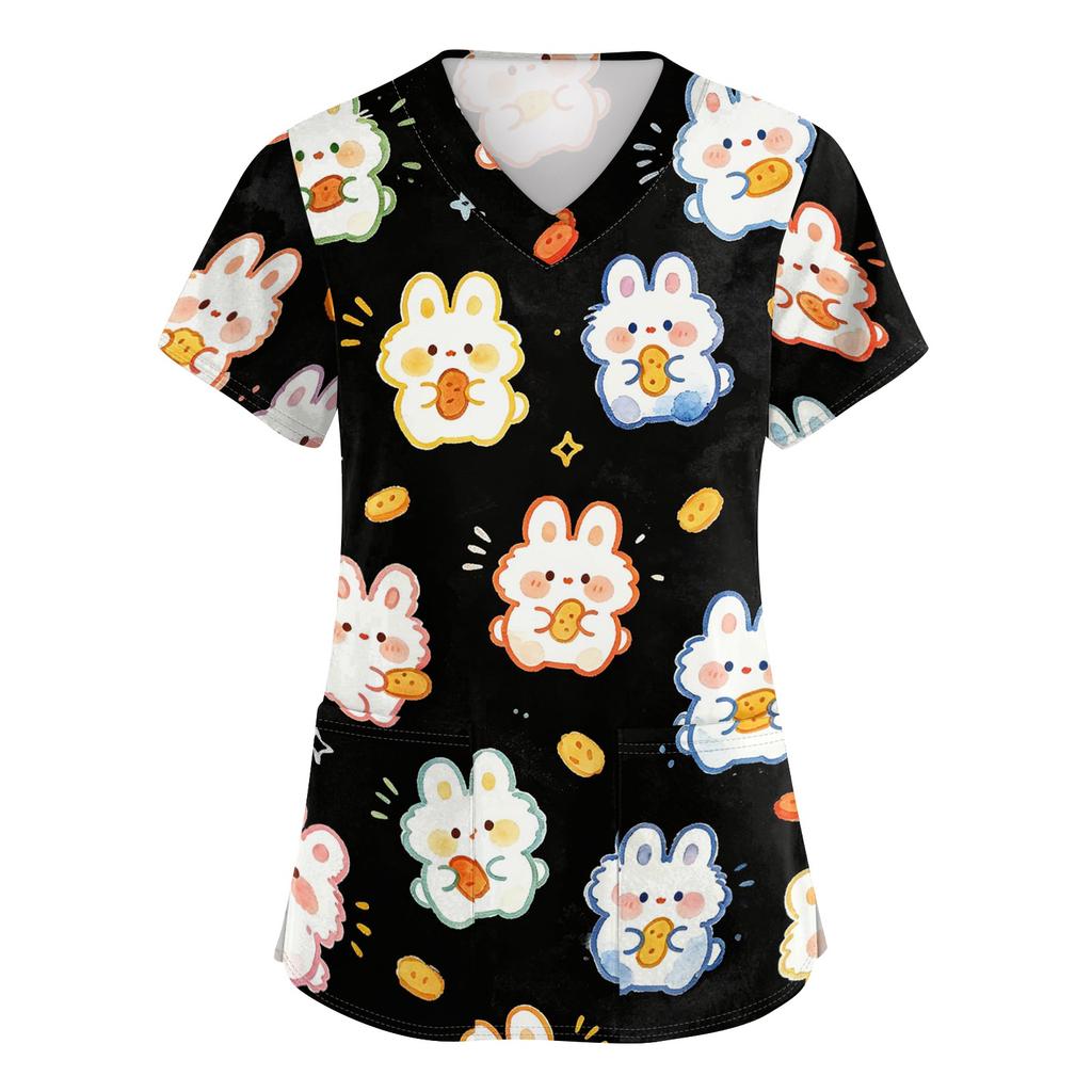 Women's V Neck Short Sleeve Work Top with Pockets Animal Print Professional Uniform Shirt for Healthcare Nursing Staff