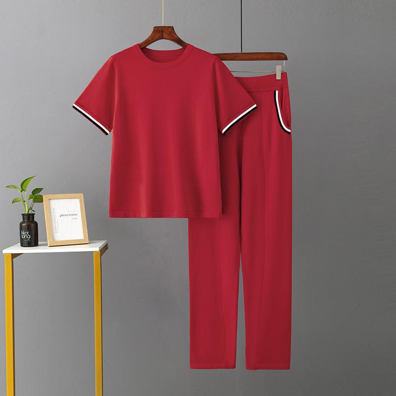 Knitted Fashion Sports Summer Suit Women's New Ice Silk Crew Neck Solid Color Two-piece Set