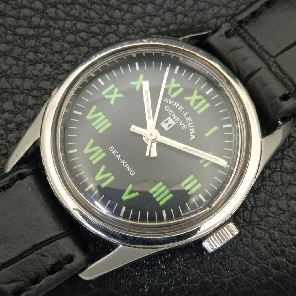 HAND-WINDING VINTAGE FAVRE LEUBA 111 SEA KING SWISS MENS BLACK WATCH a703003-1