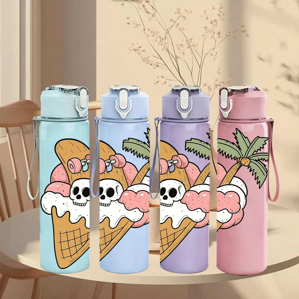 1PC Coconut Ice Cream Print 750ml Color Plastic Sports Water Bottle Leakproof Flip Straw Lid Suitable for Sports Office Home Use