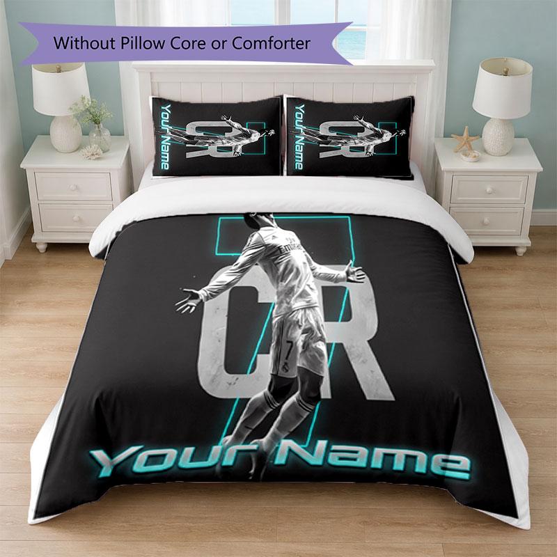 Cristiano Ronaldo Custom Name Text Bedding Set 1 Duvet Cover+2 Pillowcases Soccer Logo Personalized Gift For Special Occasion Bedroom Decor