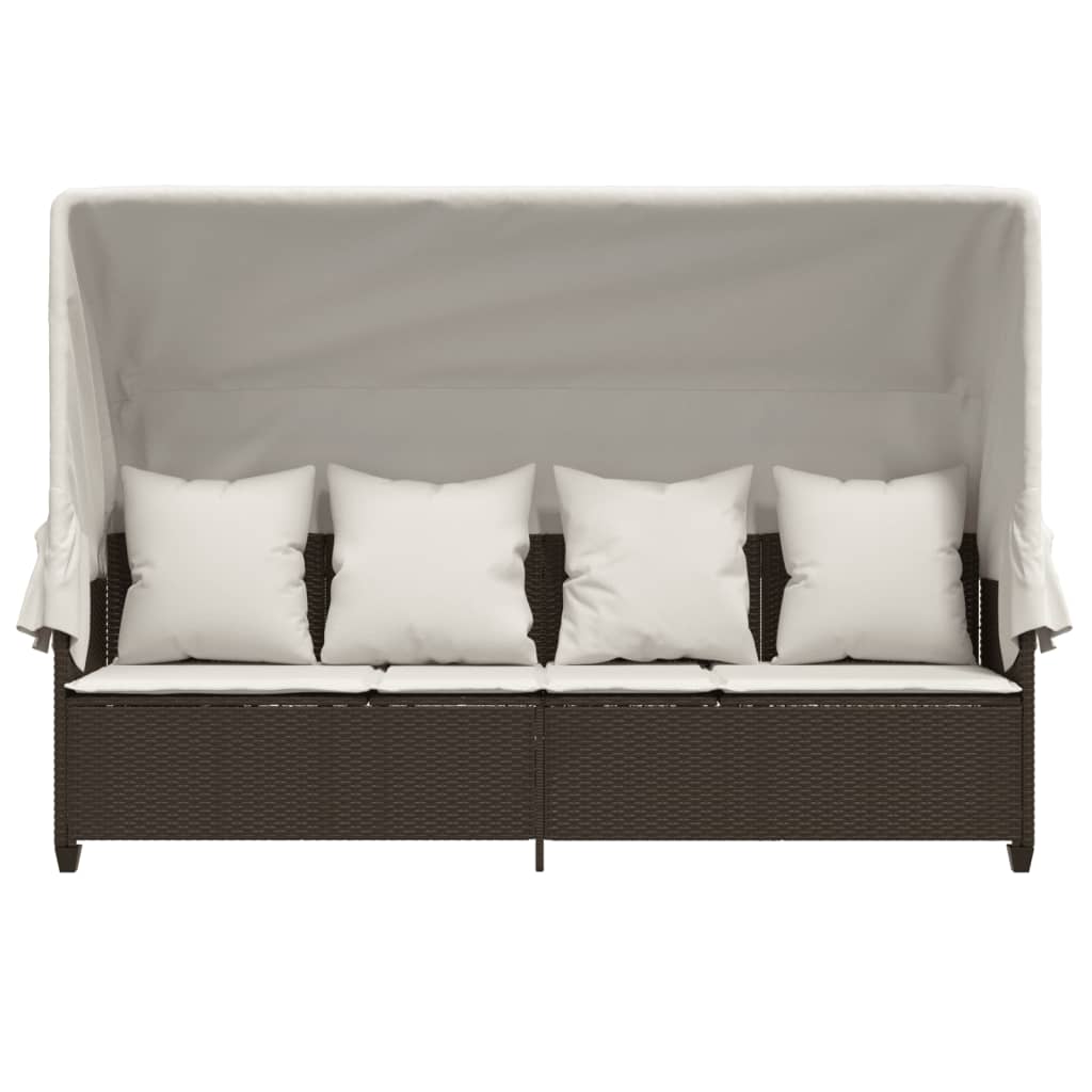 Sun Lounger with Canopy and Cushions Brown Poly Rattan