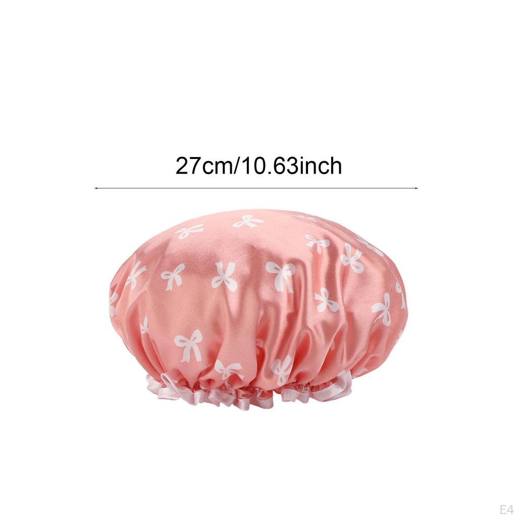 Double Layer Satin PVC Waterproof Reusable Shower Cap with Bow for Women Suitable Shower, Bath,