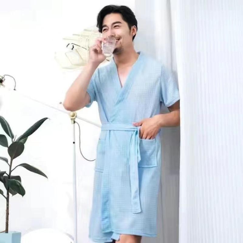 Unisex Waffle Weave Bathrobe: Lightweight, Water-Absorbent Yukata-Style Nightgown for Spring, Summer, and Autumn