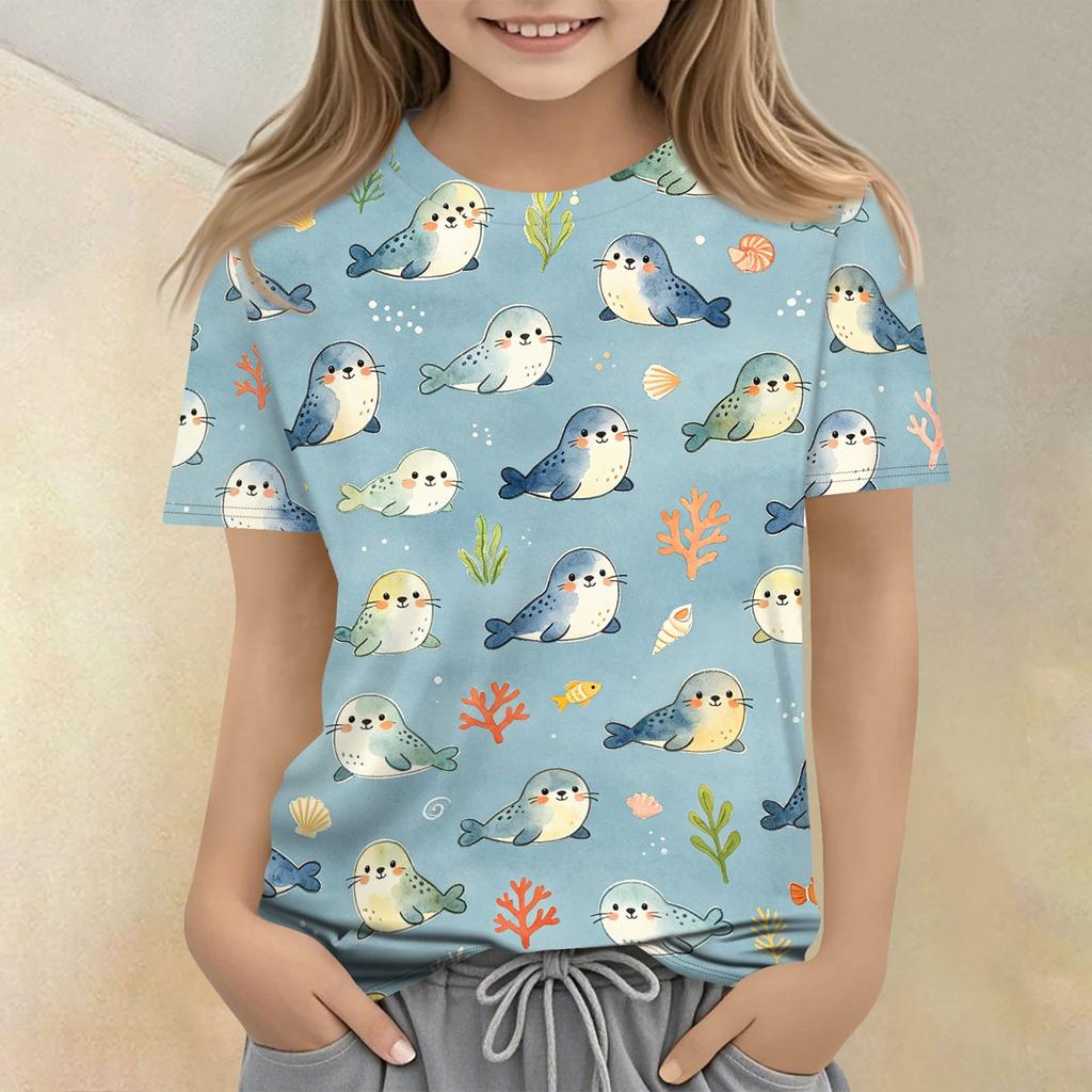 Kids Animal Print Short Sleeve T Shirt Casual Loose Fit Round Neck Top Soft Comfortable Fabric Suitable for Everyday Wear