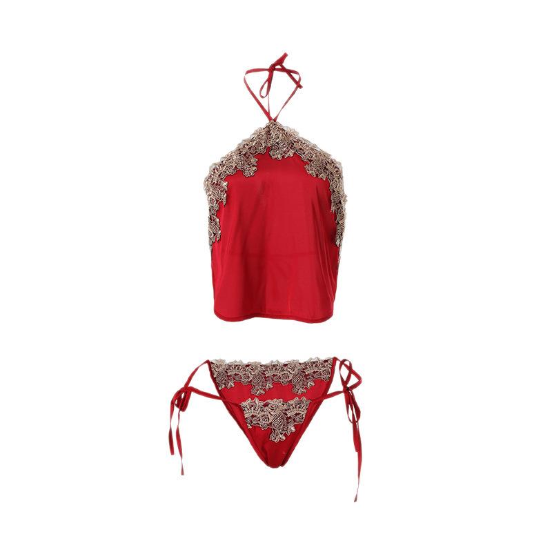 Sexy lingerie women's hot free temptation retro belly pocket backless neck embroidery lace-up split set