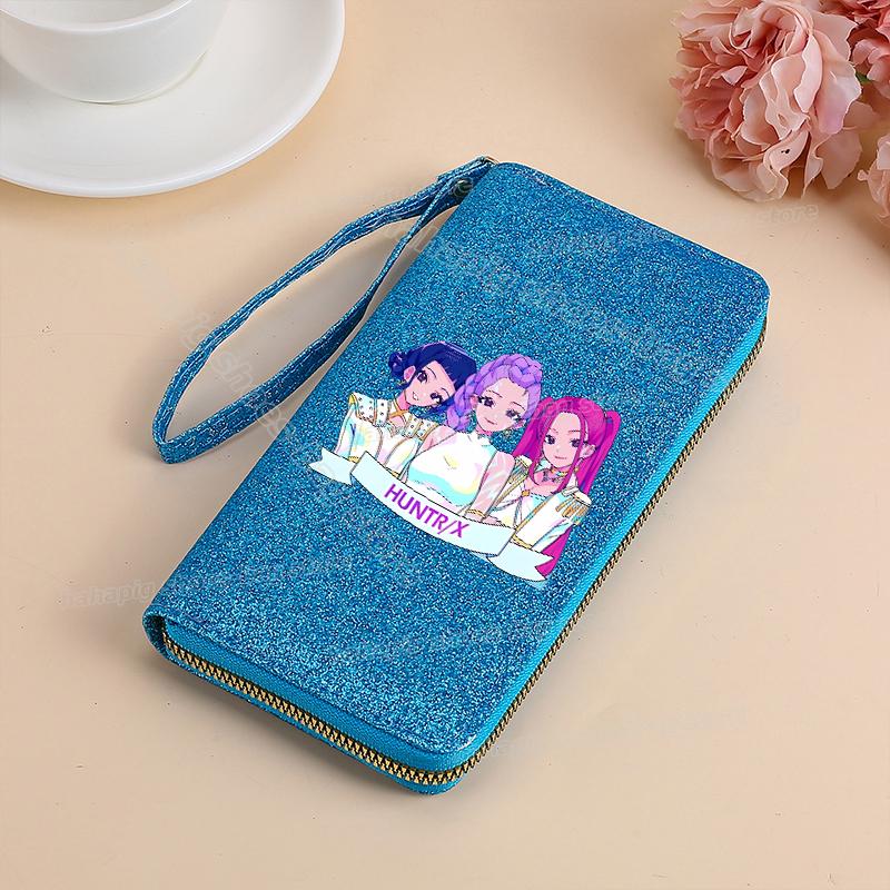 Vysoce kvalitní KPop Lovci démonů Dlouhá peněženka Dámské peněženky na zip Sequin Bling Koženka Kapsa na mince Držák na ID Kartu Dámské Clutch Peněženky
