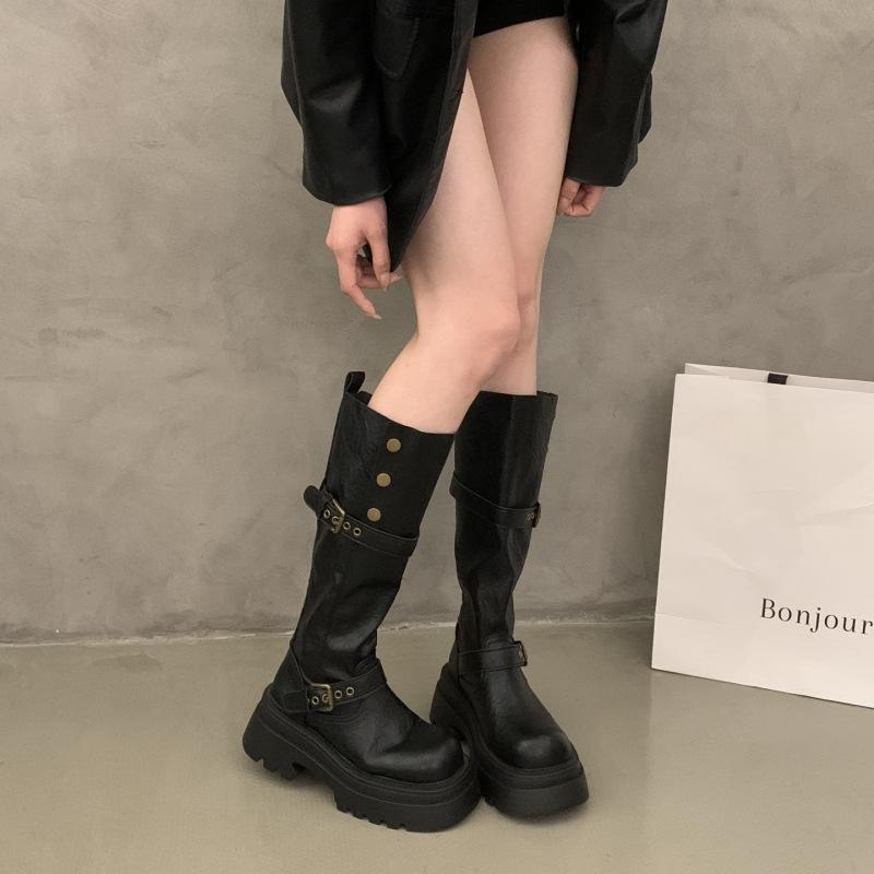 

Retro belt buckle boots women s 2025 new autumn thick-soled versatile height-increasing Martin boots, trousers, knight boots 35 чёрный