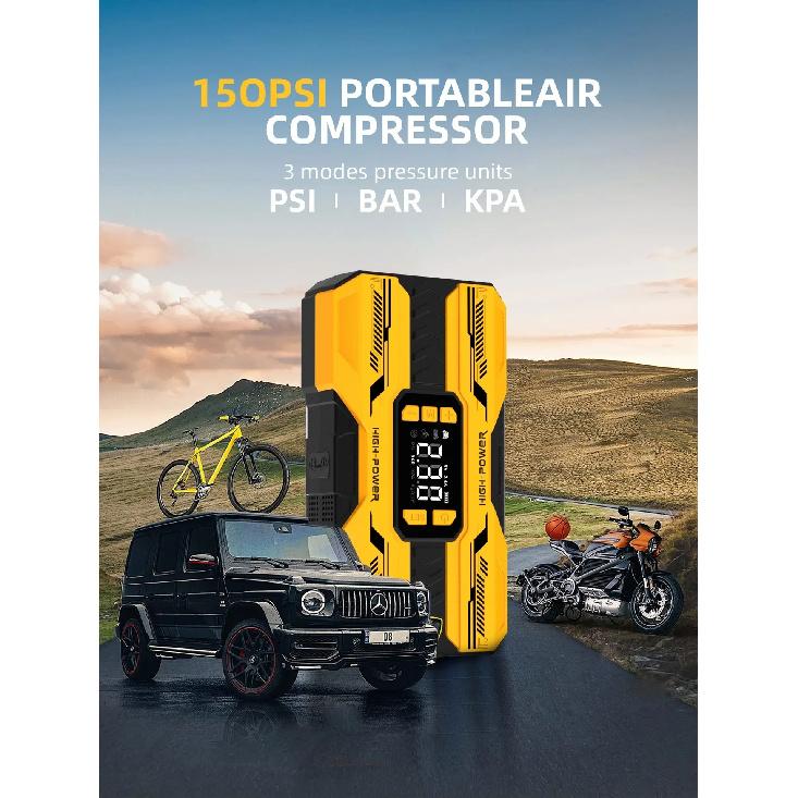 4-in-1 Car Jump Starter Power Bank with Air Compressor, 12V Portable Battery Booster for Auto Motorcycle LED Light & USB