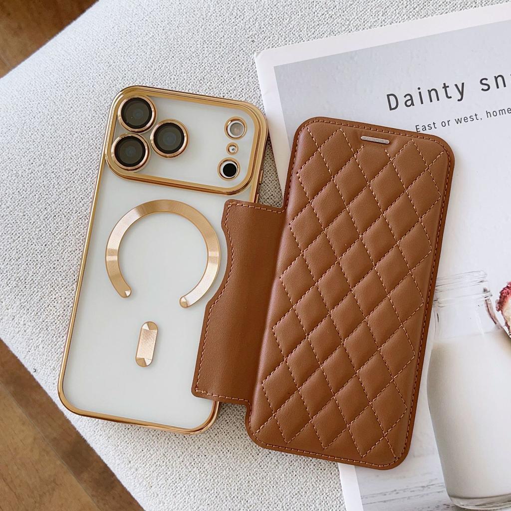 Applicable To iPhone17 Magnetic Mobile Phone Case Rhombus Flip Card Leather Case 17pro Electroplating 17 Anti-drop Protective Case