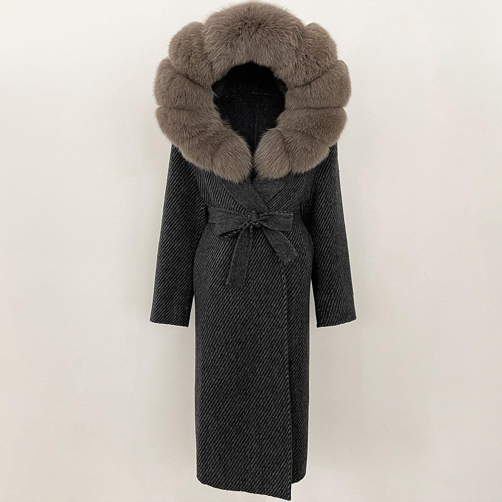 OFTBUY Winter Women Coat Real Natural Fox Fur Hooded Detachable Collar Double-faced Woolen Jacket Long Casual Elegant Overwears
