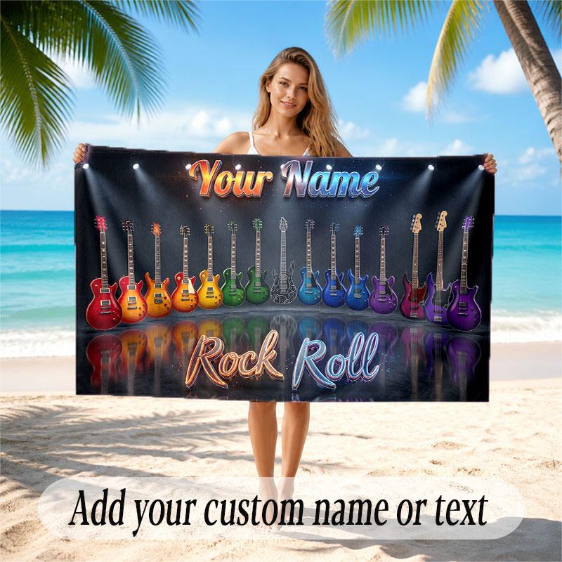 Music Guitar Theme Beach Towel Personalized Custom Name & Text Soft Quick Dry Beach Towel for Swimming Travel