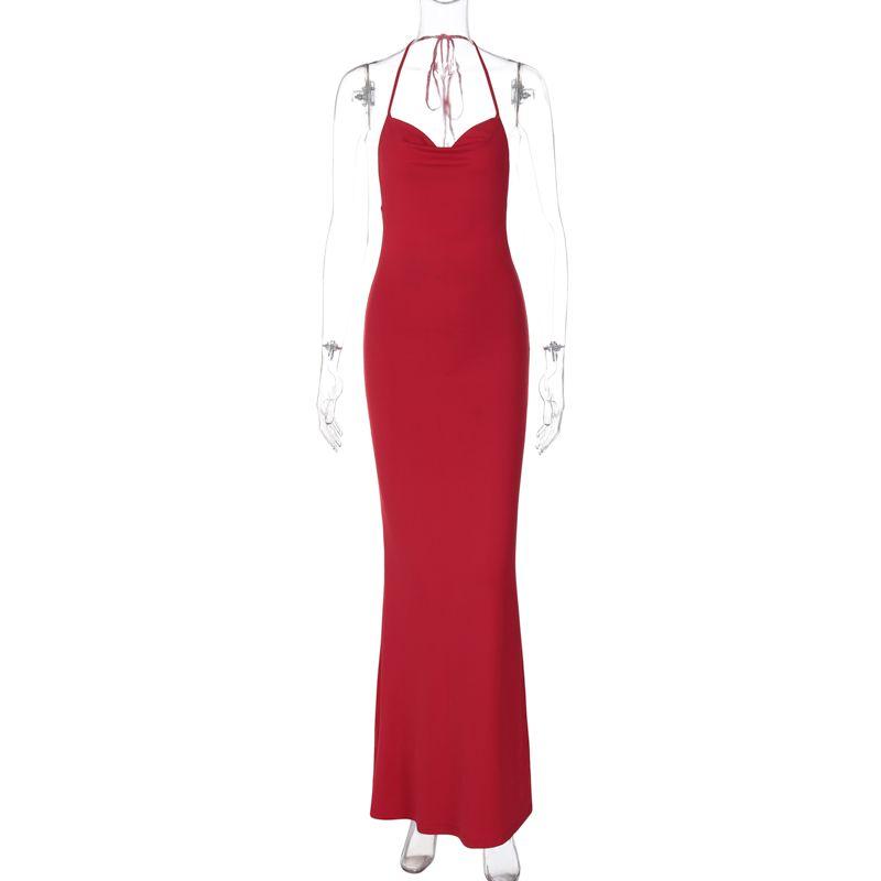 

Fashion Style Sexy Open Back Halter Spaghetti Straps Dress over the Knee Mop Long Dress Female Red Swing Collar Banquet Dress Red S