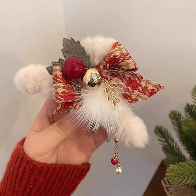Pinzas para el pelo con borla y lazo de felpa navideña para mujer - Vacaciones Día de Navidad Acción de Gracias Regalos Accesorios para el cabello