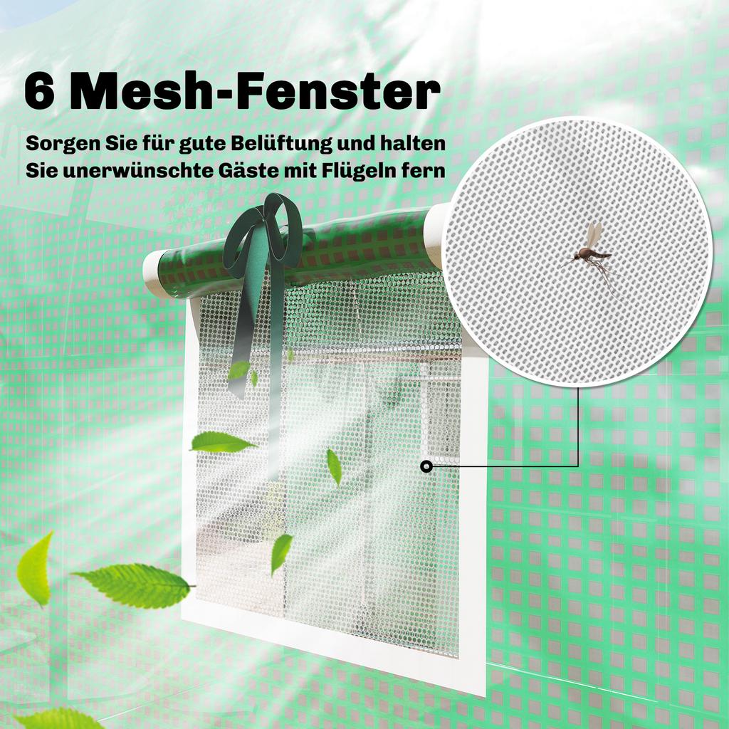 Greenhouse 3 X 2 X 2 M Poly Greenhouse with Roll-Up 2 Zipper Doors & 6 Mesh Windows Support Bars Green