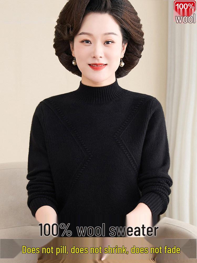 Luomeng 100% Pure Wool Thick Half-Collar Knit Sweater for Middle-Aged & Elderly Women