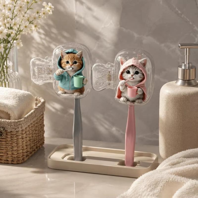 2Pcs Dust-Proof Waterproof Cat Toothbrush Cover Kitten Dog Printed Transparent Toothbrush Holder Portable Toothbrush Head Cover