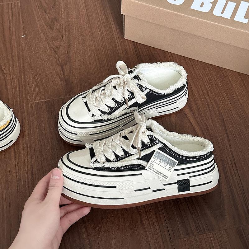 

Thick-soled heightening canvas slippers women s summer new fashion versatile beggar women s bag head tow Birken half slippers tide 35 чёрный