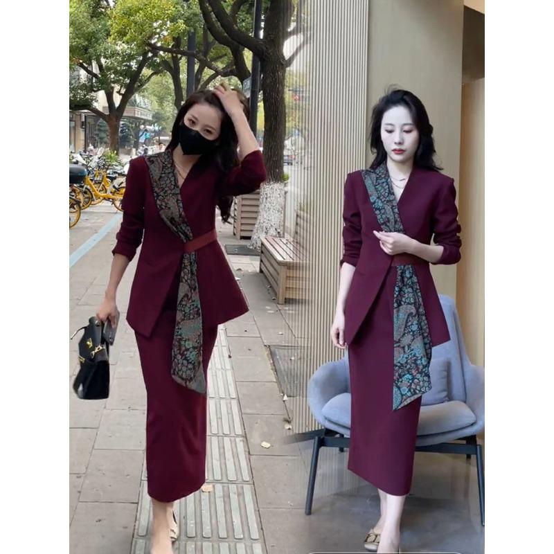 3022 Plus Size Women's Fashion Suit with Flowing Ribbon and Half Skirt - Slimming Two-Piece Commuting Set