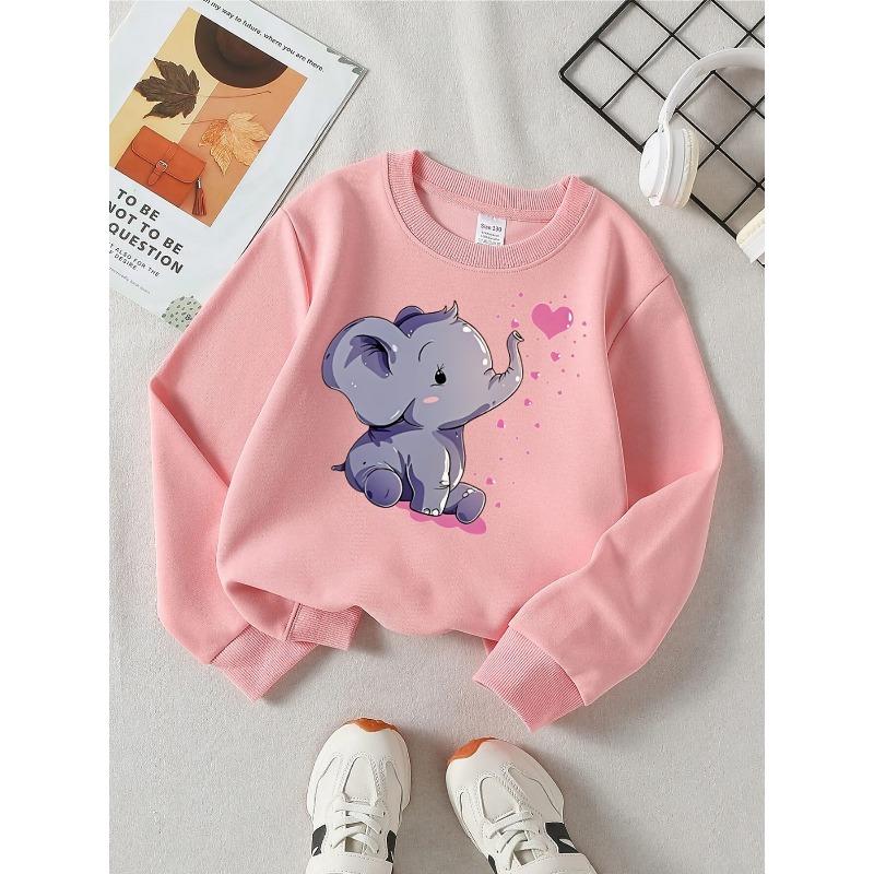 European sizes Cute Elephant Hearts Pink Girls' Fashionable Crewneck Sweatshirt, Western Top, Children's Long Sleeved Casual Tee