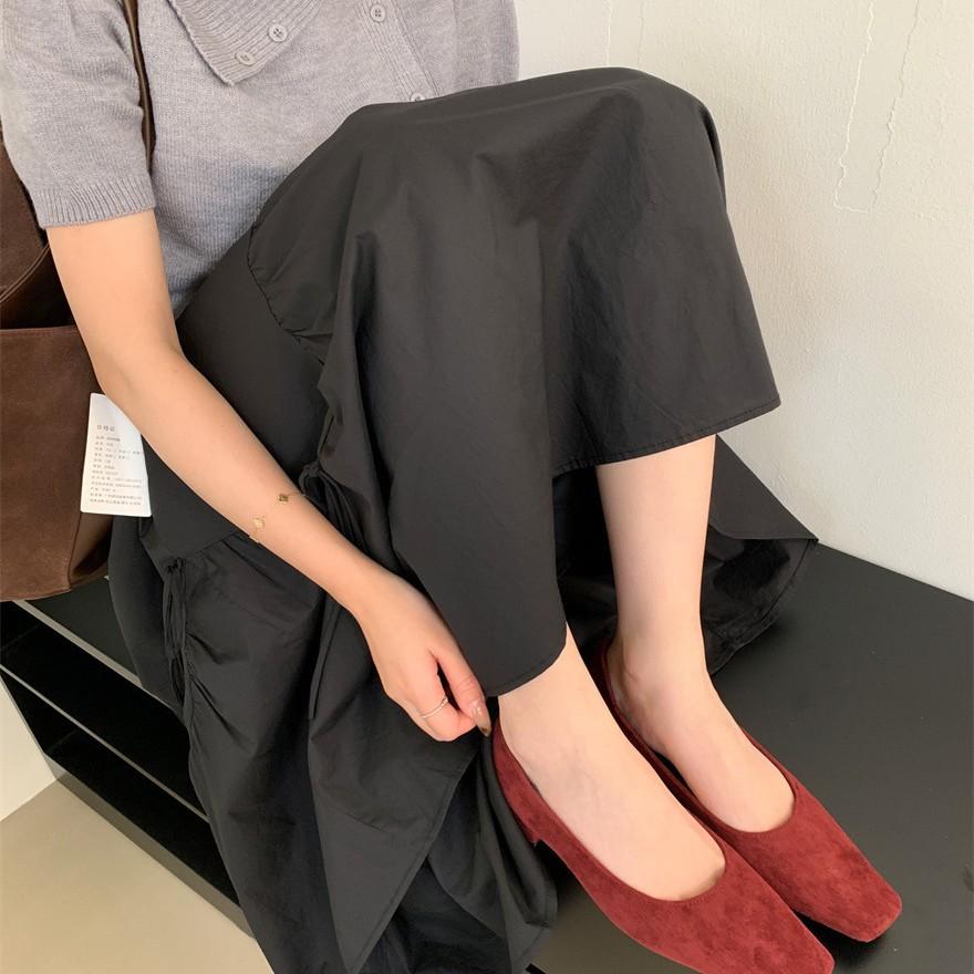 Coarse heel French red suede single shoes women's shoes 2025 new spring versatile square head shallow mouth commuting evening shoes