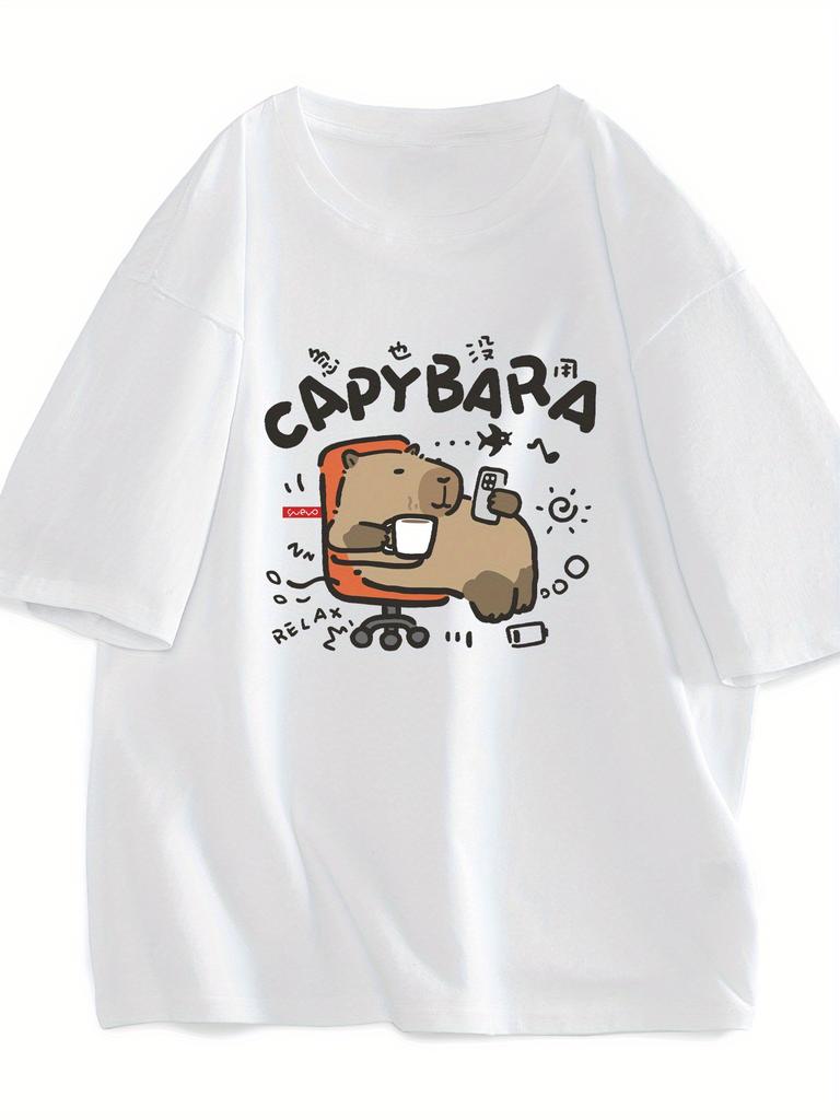 Capybara Cartoon Pattern Printed T-shirt Men Women Casual Loose Short Sleeved Cute Tops Summer Street Men's Tees Unisex T Shirts
