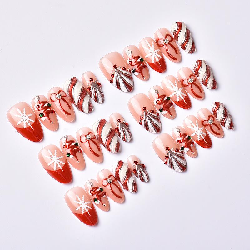 30 pieces of double gilt almond wearable nail high-end check bow diamond Christmas tree nail art