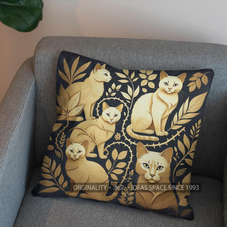 2D Golden Cat & Leaves Patterned Pillow Cover Pattern Cushion Cover Suitable For Sofa Bedroom Car Pillow Cover