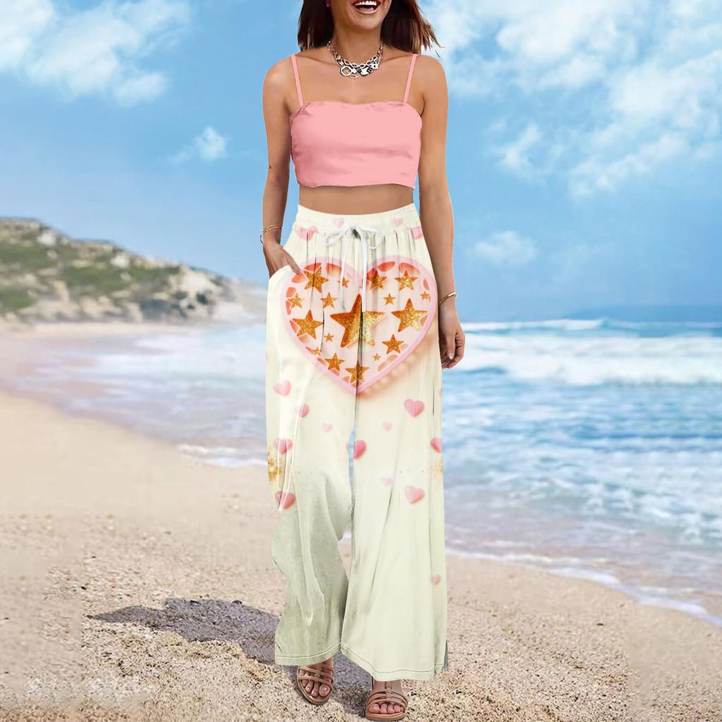 Pantaloni largi cu talie înaltă pentru femei, stil boho de vară, stil palazzo, cu imprimeu, casual, cu buzunare