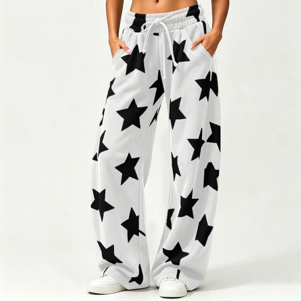 Women's Casual Loose Fit Star Print Curved Wide Leg Pants for Everyday Wear
