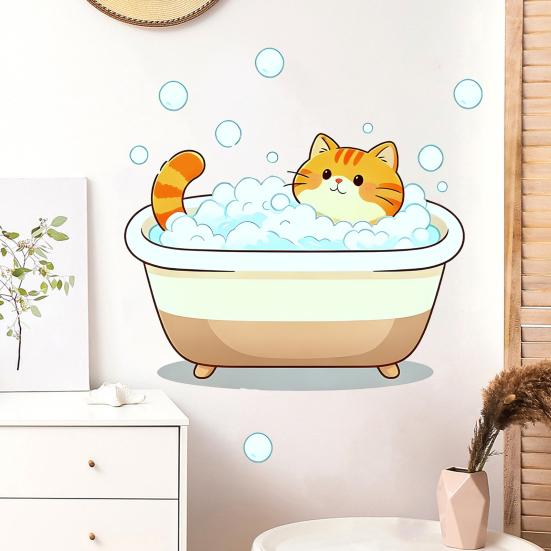 Cartoon Cat Wall Sticker, Funny Orange Cat Bathing/Licking Wall Decal, Peel And Stick Self-Adhesive PVC Room Mural for Kitchen, Bathroom