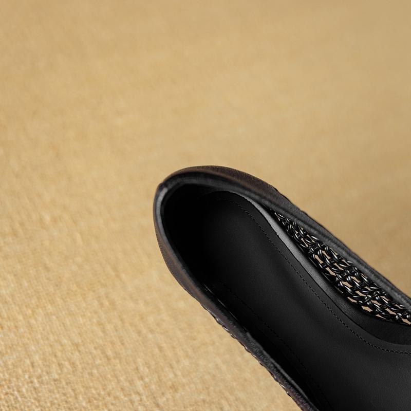 Fashion Women's New Spring and Summer Pointed Leather Cowhide Woven Hollow Breathable Mid Heel Fashion Single Shoes Work Shoes