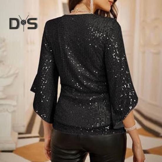 Women Top Shiny Sequin Hollow Out Three Quarter Horn Sleeve Solid Color V Neck Loose Pullover Soft Breathable Lady Commute Prom Blouse