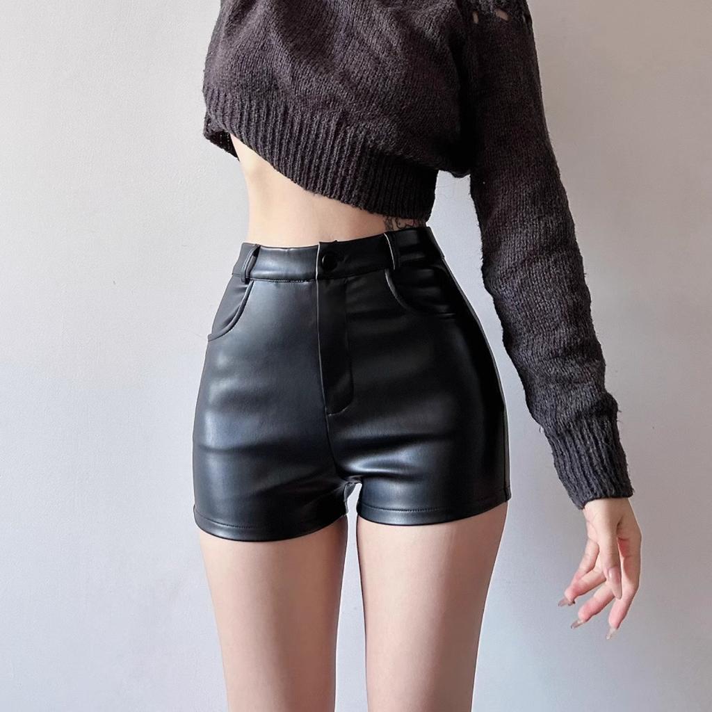 Women's High Waist Faux Leather Shorts Slim Fit Solid Color Casual Booty Shorts Summer Shorts