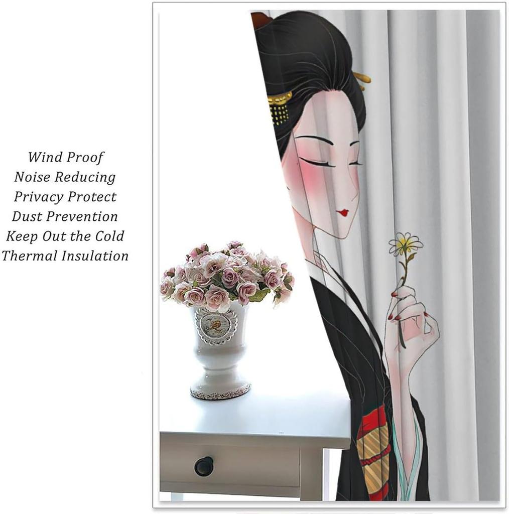 Japanese Geisha Theme Room Blackout Curtain, Asian Art Cartoon Geisha Room Bedroom Decorative Curtain Cherry Oriental, Girl Pers