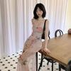 Korean Version of Sexy Mesh Yarn Split-ended Hip-wrapped Medium and Long Skirt Summer French Sweet and Spicy Wind Swinging Neck Floral Suspender Dress