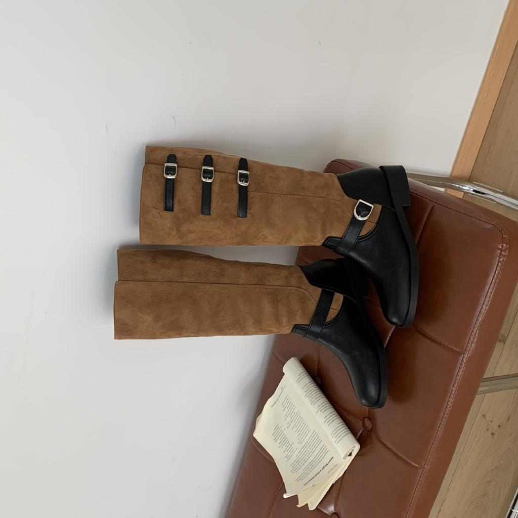 2025 autumn and winter new round head color matching belt buckle thick heel but knee knight women's boots