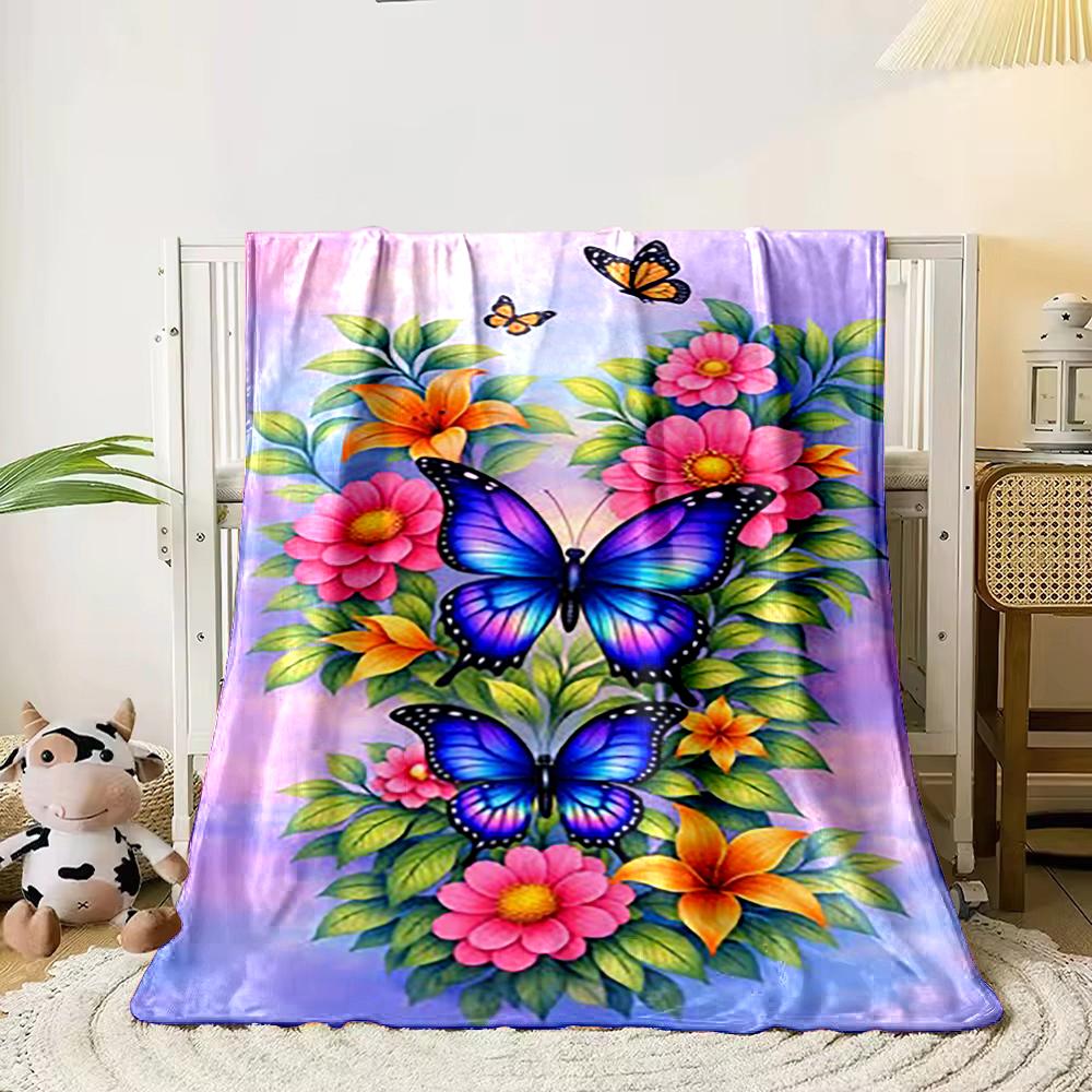 Colorful Butterflies and Flowers Design Flannel blanket for bedroom living room sofa and nap