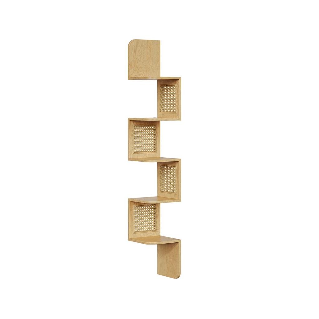 VASAGLE 5-Tier Corner Shelf, Wall Mounted Floating Shelf, Zigzag Corner Shelf Unit, PVC Rattan Sides, Space-Saving, for Kitchen, Living Room, Bedroom
