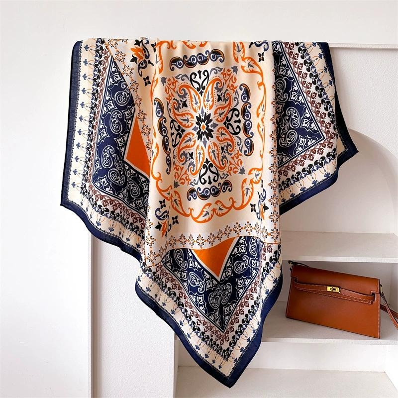 90x90cm Vintage Blue Handkerchief Scarf For Women Small Shawl Imitation Silk Office Lady Square Scarves