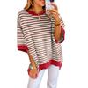 Women's Striped Oversized Top with Contrast Trim, Baggy Half Sleeve Crew Neck Tee for Casual Wear