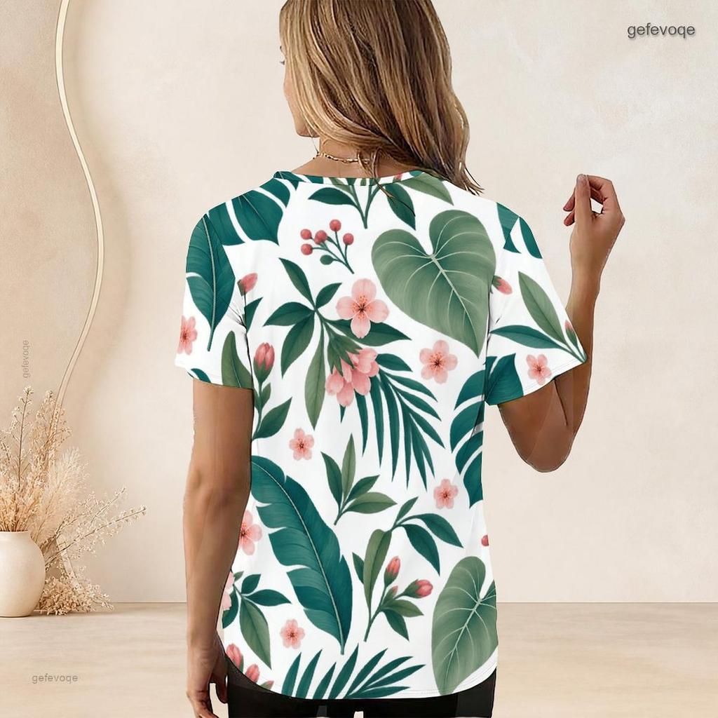 Women Plus Size U Neck Short Sleeve Tropical Leaf Printed White Curved Hem T Shirt